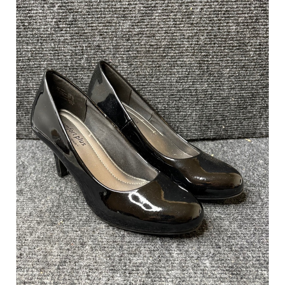 Comfort Plus by Predictions Black Patent Round Toe Pumps Heels 94015 Womens 5